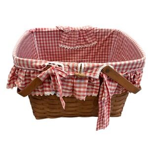 Longaberger Picnic Basket w Red Gingham Liner Double Handle Dresden  EUC